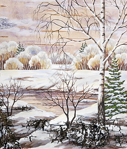 手绘冬季的树风景 在树皮上脱色背景