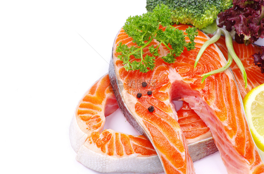 鲑鱼橙子宏观香料食物草本植物牛扒海鲜白色柠檬红色图片