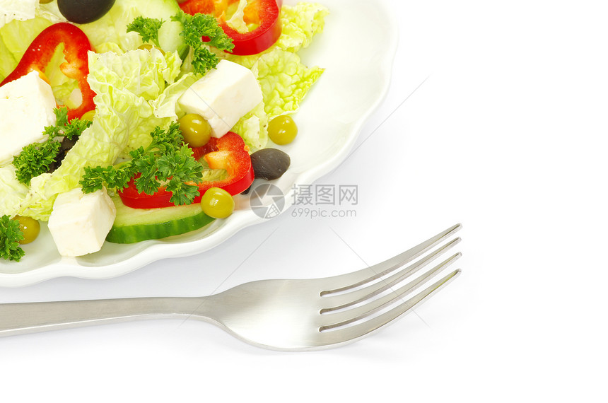 沙拉美食植物白色服务食物盘子亚麻奶油绿色低脂肪图片