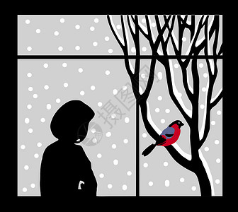 红腹灰雀妇女对着窗户的矢量轮廓背景