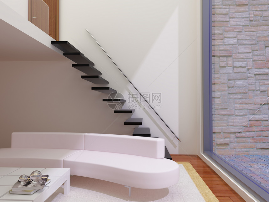 内部的木地板桌子梯子沙发公寓渲染装饰房间插图窗户图片
