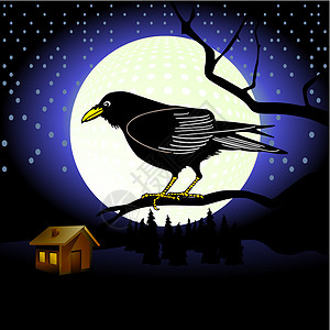 黑色的乌鸦满月的乌鸦插画