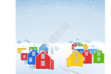 挪威冬天冬季多彩的木制房屋插画