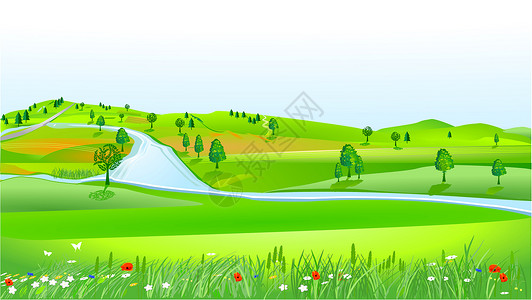 山丘地貌天空草地绿色植物土地温室爬坡风景插画