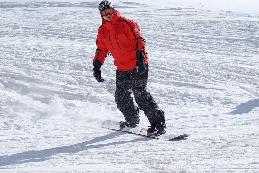 雪板机运动滑雪男人滑雪者白色滑雪板红色单板图片