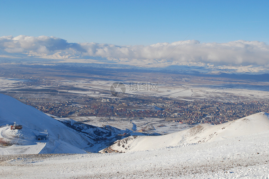 土耳其的雪山火鸡娱乐全景滑雪休息蓝色白色天堂天空图片