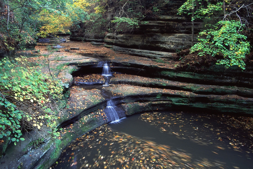 马蒂森州立公园  伊利诺伊州水池岩石流动叶子森林峡谷瀑布娱乐编队颜色图片