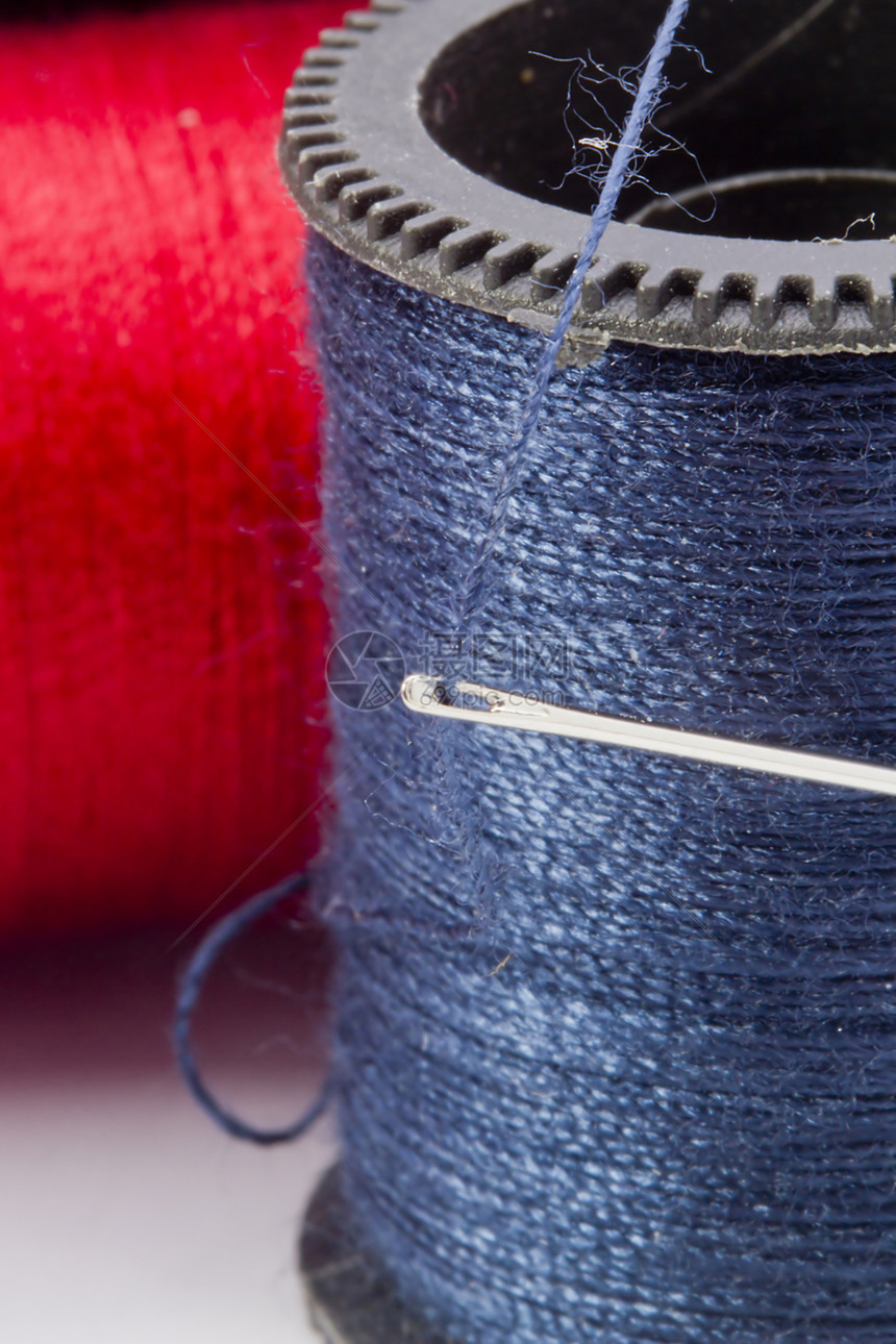 蓝线索筒管针线活纤维螺纹别针拼接卷轴棉布针织纺织品图片