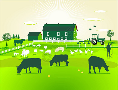 瑟兰特绿农场奶制品绿色生物农业动物土地反刍动物配种农家草地插画