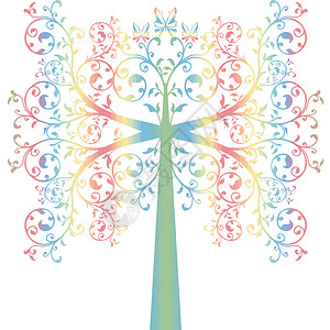 艺术树树干叶子季节风格白色蝴蝶生长粉色绿色蓝色背景图片