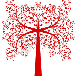 艺术树红色植物叶子插图季节白色树干蝴蝶生长风格背景图片