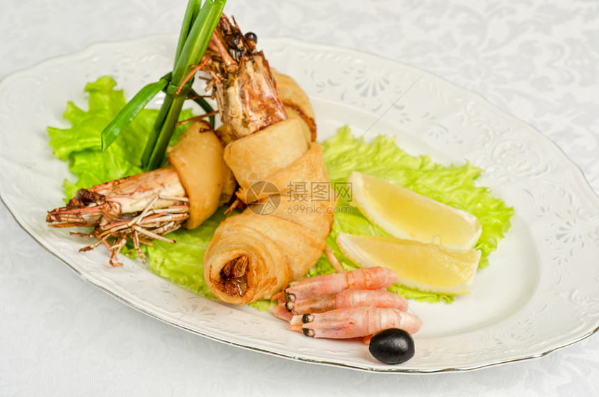 虾虾碗国王餐厅柠檬盘子动物烹饪甲壳团体市场小吃图片