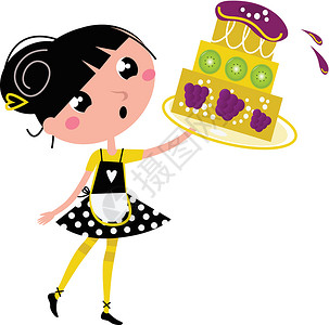 清甜果味女孩带大果子蛋糕的复古厨房女孩 在白色上与世隔绝家庭女性紫色主妇美食果味食物乐趣奶油快乐插画