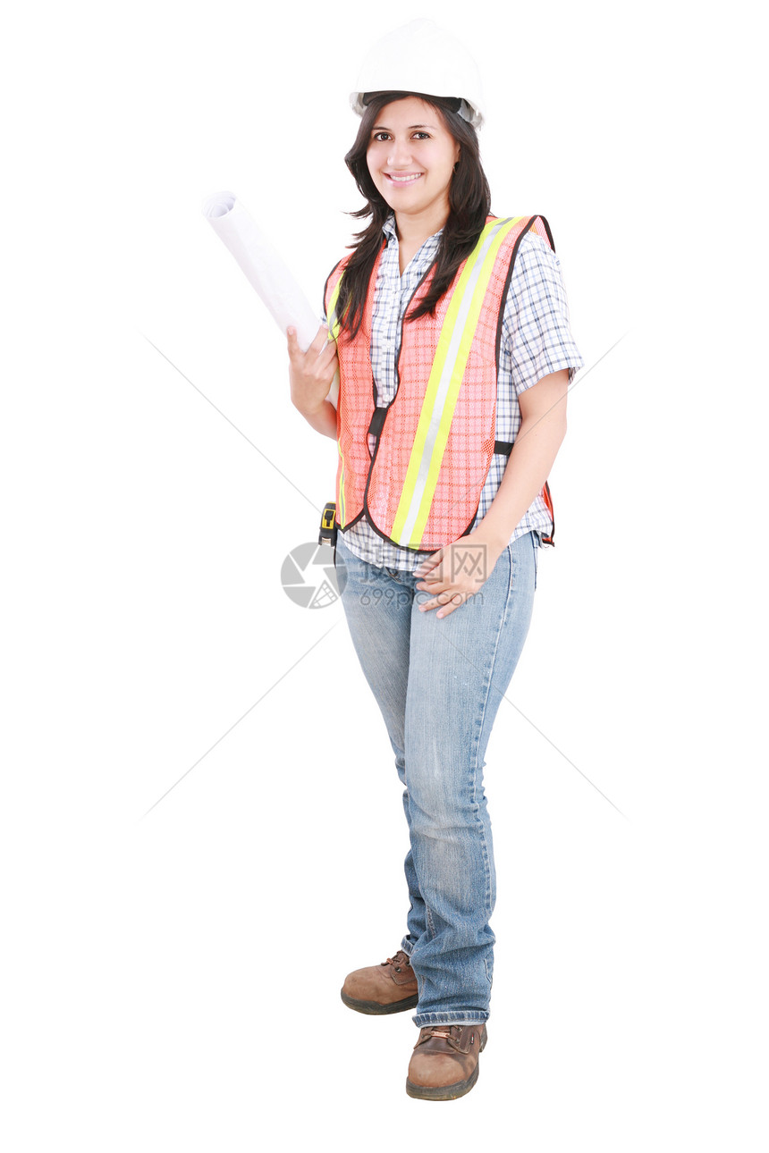 年轻女建筑设计师戴防护头盔 站着图片