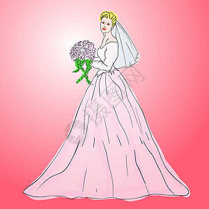 穿着婚纱的新娘白衣 带花束插图庆典购物礼物裙子奢华妻子已婚女性仪式背景图片