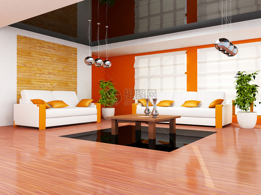 现代客厅内长椅用餐家具橙子奢华地面风格书柜建筑学房间图片