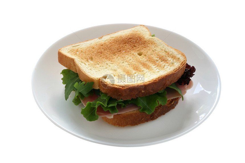 盘子上的三明治早餐白色绿色火腿棕色食物蔬菜野餐小吃午餐图片