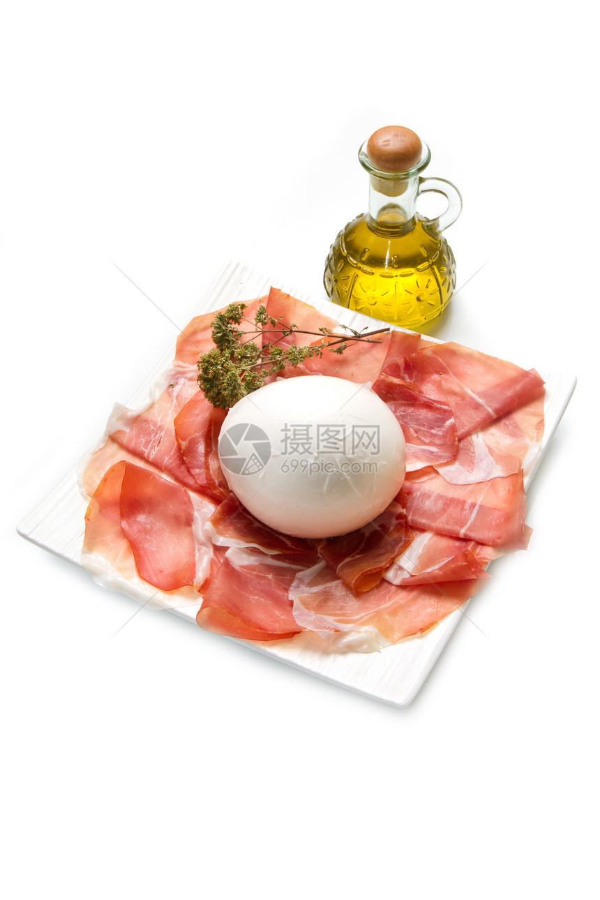 意大利马扎里拉食物香料火腿圆形营养饮食水牛白色图片