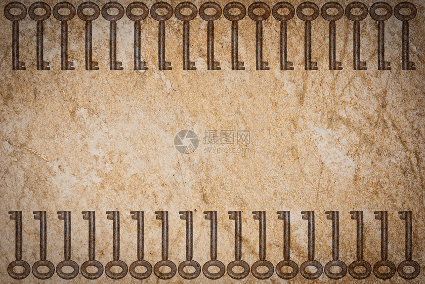 旧纸页背景的锈键木板钥匙宏观安全古董房子棕色工具财产材料图片