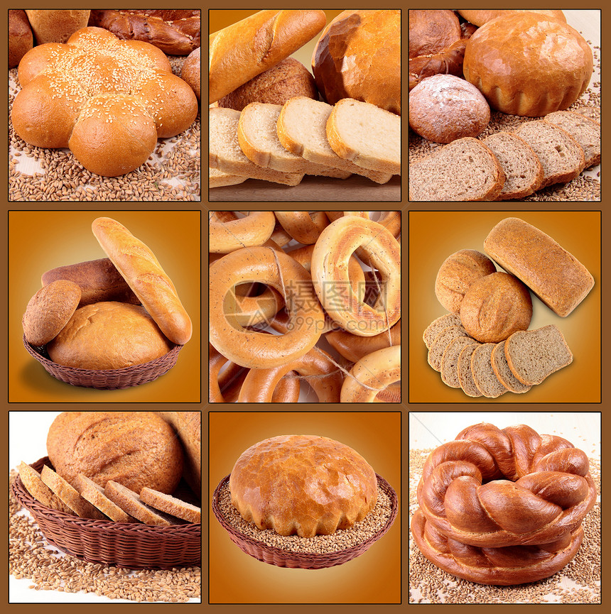 烘烤面包各种组合的拼法种子小麦白色美食食物脆皮早餐拼贴画面粉黄色图片