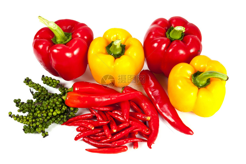 混合辣椒和胡椒红色种子美食健康饮食绿色调味品蔬菜胡椒子食物白色图片