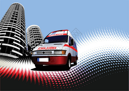高科技救护车配有救护车图像的城市背景摘要 矢量插图插画