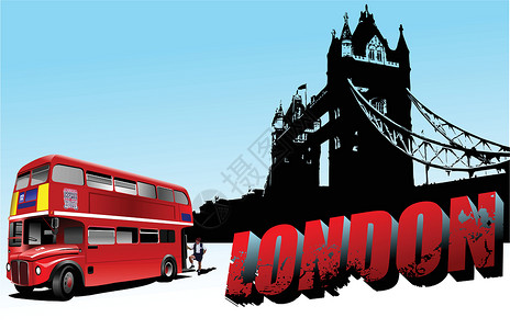 字塔Tower桥上的3D字伦敦和双层公共汽车图像 Vec插画