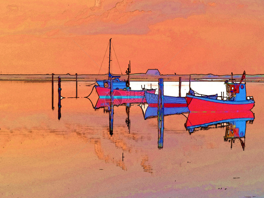 数字变形的小小渡轮船的魔术反射海滩海岸线运输钓鱼海洋多莉艺术海岸码头木头图片