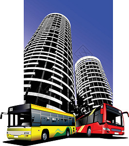 城市交通以城市背景为背景 Buses 矢量插图建筑民众电车运输传统有轨电车铁路街道背景图片