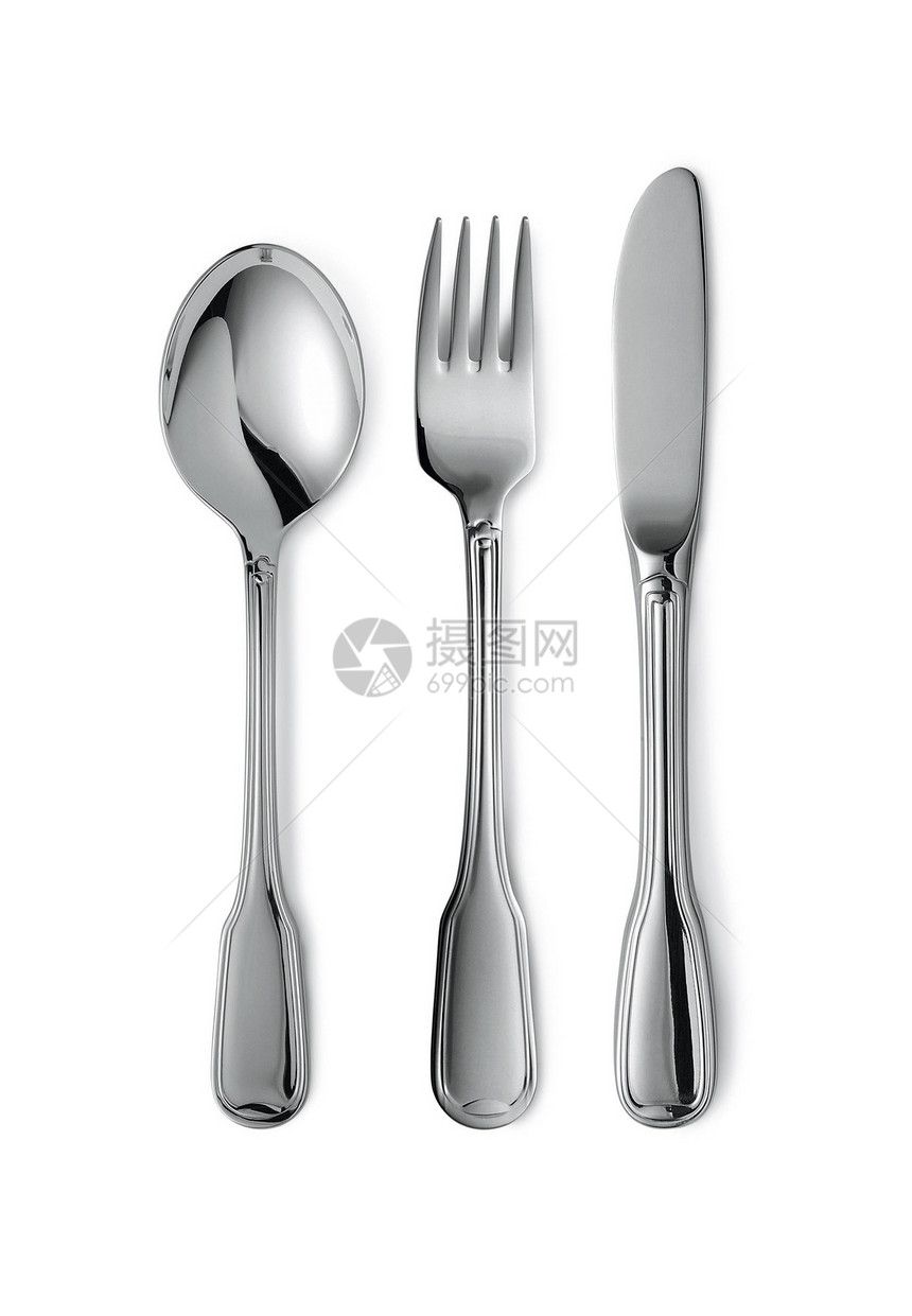 孤立的叉勺和刀服务白色工具勺子团体餐具银器盘子食物早餐图片
