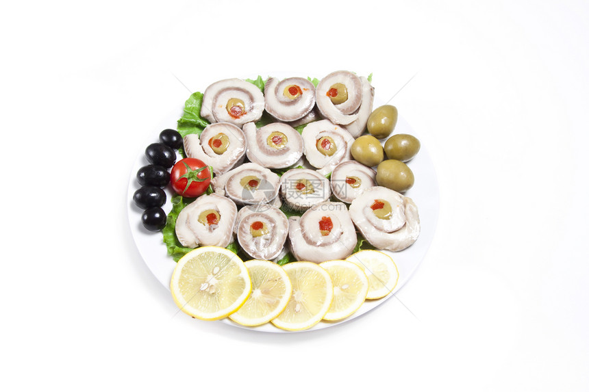 有番茄 橄榄和柠檬的鱼切片食品沙拉食物食谱小吃烹饪午餐盘子海鲜鲭鱼图片