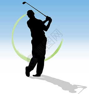 高尔夫球比赛高尔夫球手的矢量轮廓 蓝色背景有绿色痕迹设计图片