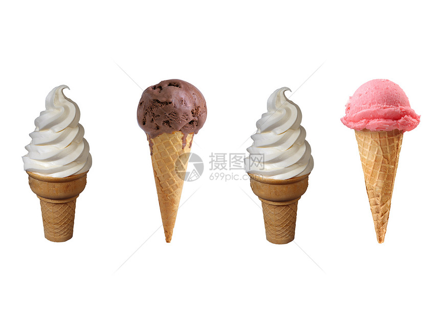 糖锥体中各种冰淇淋孤立图片