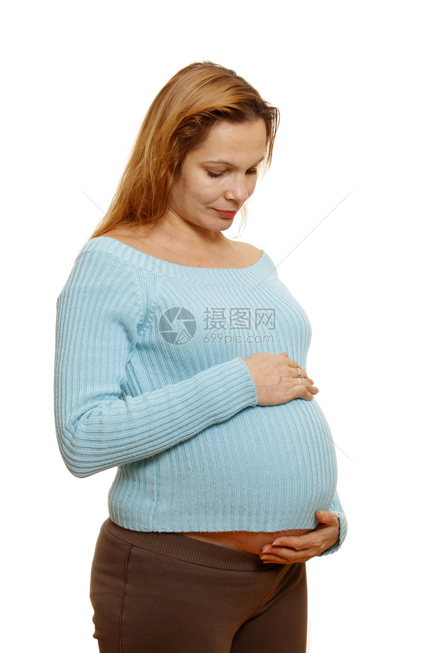孕妇 孤立的白种人棕色腹部母性母亲妈妈头发夹克蓝色产妇金发图片