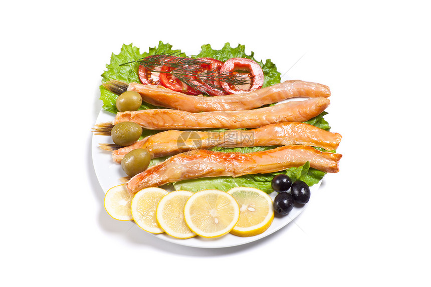 有新鲜蔬菜的鱼鱼片柠檬沙拉油炸餐厅用餐饮食牛扒烧烤营养图片