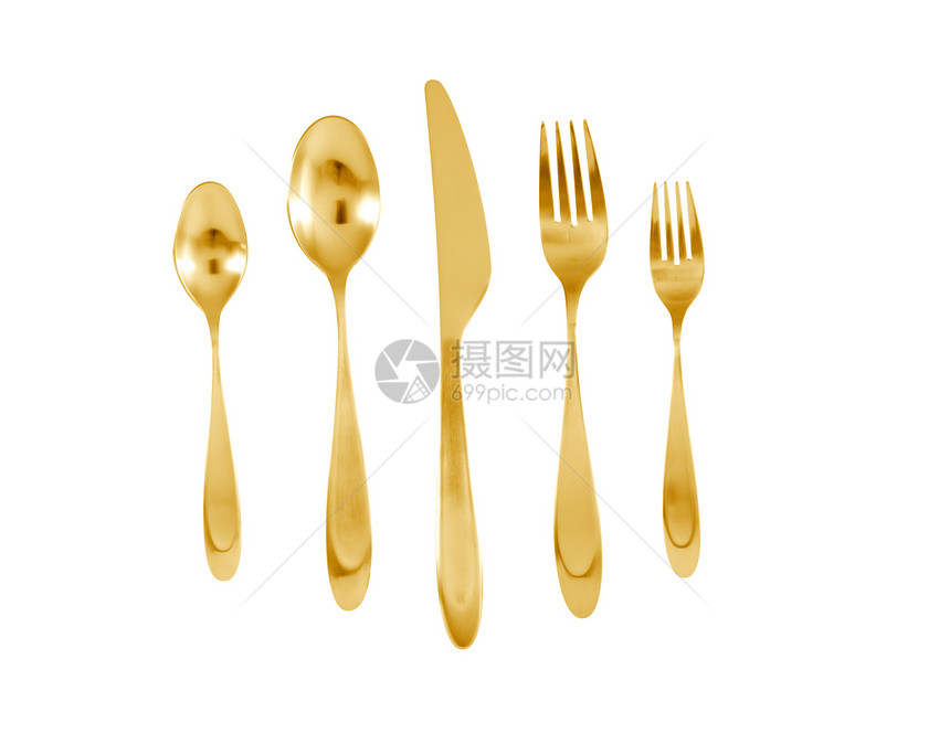 隔离的叉 刀和勺子餐具金子刀刃午餐食物金属烹饪工具晚餐厨房图片