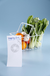 篮子白色金属背景橙子购物清单食物杂货纯色蔬菜背景图片