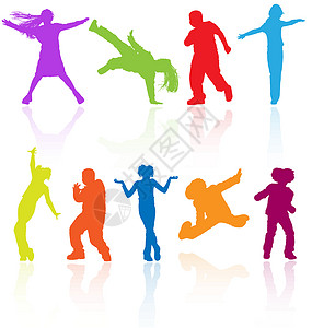 一组彩色舞蹈 跳跃和装扮青少年病媒淤泥乐趣男性孩子们女孩团体派对男生生活朋友们力量插画