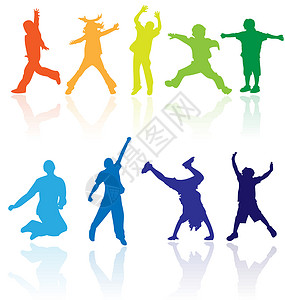 队员们手舞足蹈具有儿童活动反射效果的矢量彩色圆光影插画