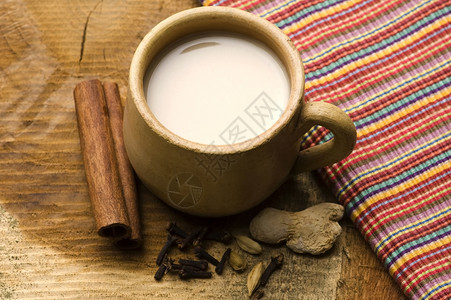 马萨拉沙伊泡茶粉红色礼仪叶子牛奶红茶树叶玻璃杯香料小豆蔻背景图片
