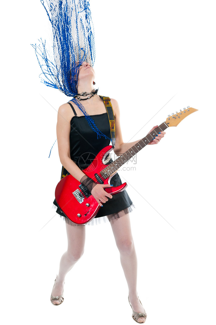配红色吉他的女孩吉他手活力金发青年乐趣工作室女性音乐家金发女郎蓝色细绳图片