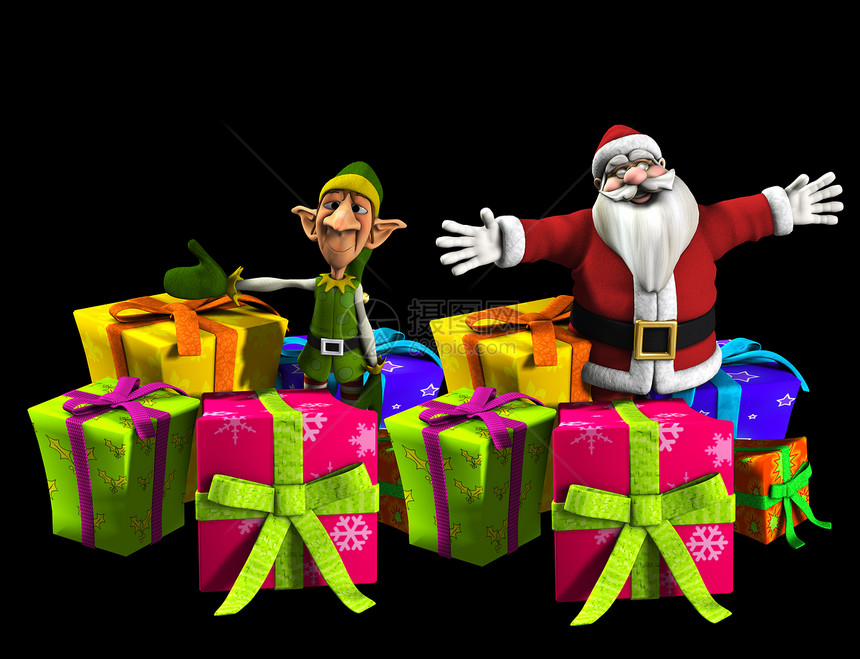 圣诞老人与精灵和礼物手套生物庆典快乐天才小精灵父亲盒装绿色戏服图片