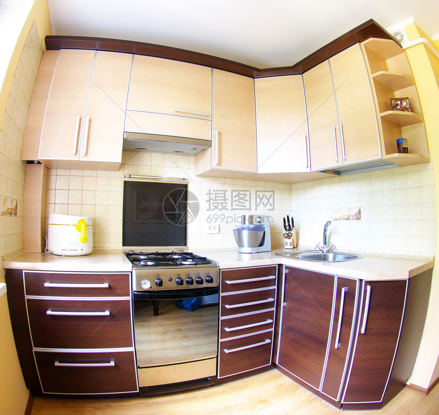 厨房花岗岩房子棕褐色桌子木头奢华家具白色房间修剪图片