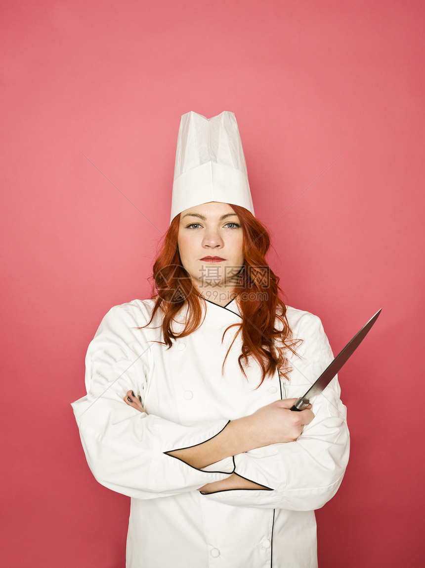 女厨师专业制服体力劳动者白色饮食服务红发背景职业女性图片