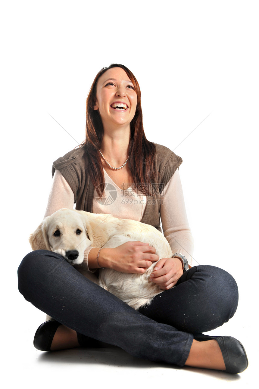 小小狗金色采金器和女孩动物宠物猎狗猎犬犬类幸福工作室女士白色图片