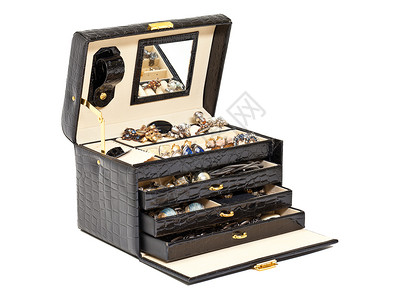 珠宝柜用于化妆品或珠宝的黑皮箱黑色点缀盒子棺材脚柜案件服饰皮革奢华白色背景