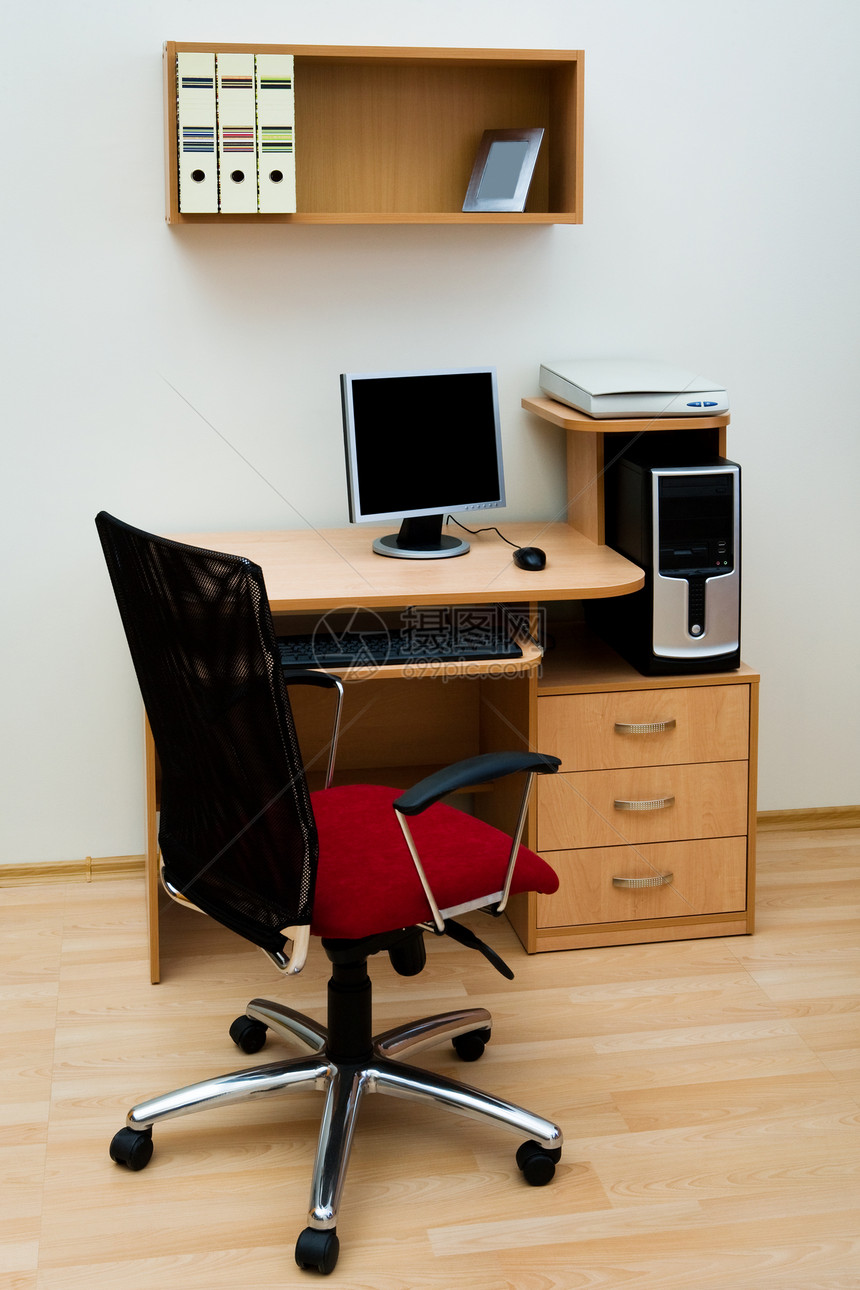 现代计算机家具展示办公室键盘书柜座位工作椅子木头书架图片
