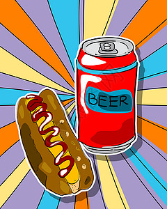 流行艺术啤酒和热狗背景图片