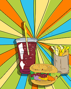 汉堡手绘流行艺术芝士汉堡 薯条和苏打水背景