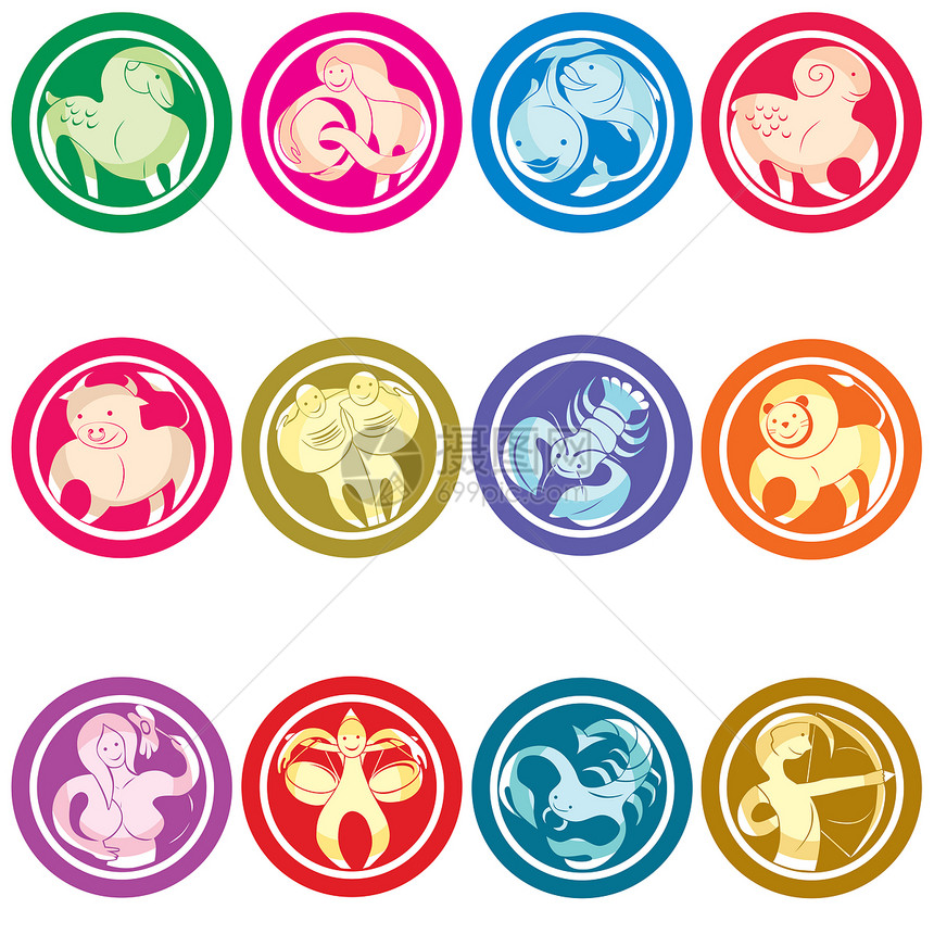 Zodiac 符号按钮圆形宇宙癌症财富八字圆圈星座十二生肖图片